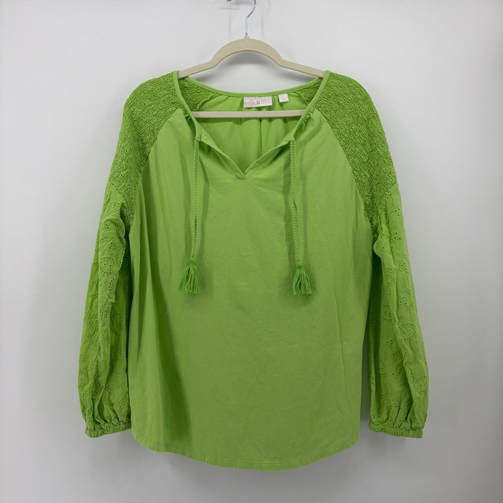 Belle by Kim Gravel Womens Large Lime Green Eyelet Smocked Tassel Peasant Top